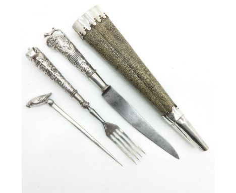 Including fork, knife and meat stake, silver mounting.