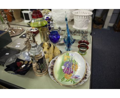 BLUE GLASS MODEL OF A DUCK, TWO BLUE AND GILT VASES, SQUARE GLASS DISH, GERMAN STEIN, BADGES ETC..... 
