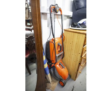 A FLYMO LAWN MOWER, COLLECTION OF GARDEN TOOLS, LAWN AERATOR, SECATEURS, BEACH CANOPY ETC.... 