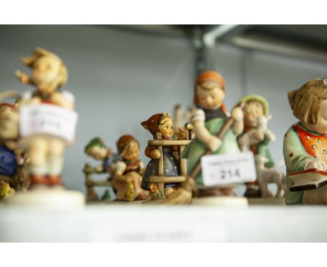 FOUR GOEBEL/ HUMMEL POTTERY FIGURES, 'RETREAT TO SAFETY' (201 2/?), 'SIGNS OF SPRING' (203 2/?), 'CHICK GIRL' (57/0), 'LITTLE