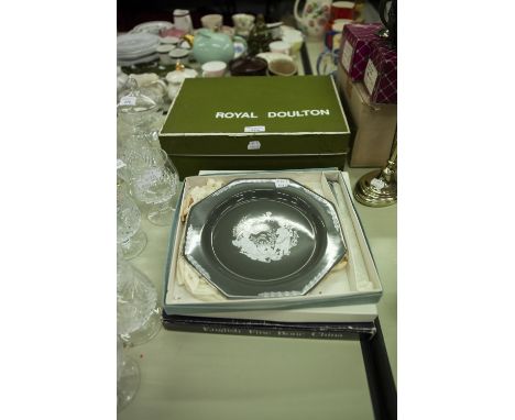 ROYAL DOULTON BOXED COFFEE CUPS AND SAUCERS AND THREE COLLECTORS PLATES 