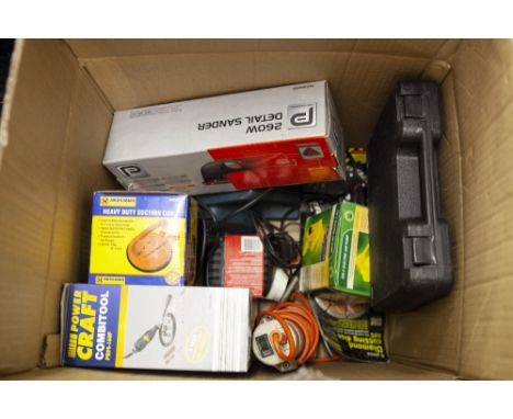ONE BOX OF ELECTRIC TOOLS TO INCLUDE; WOLF ELECTRIC GRINDER, BLACK AND DECKER PLANE, PERFORMANCE DETAIL SANDER, HEAVY DUTY SU