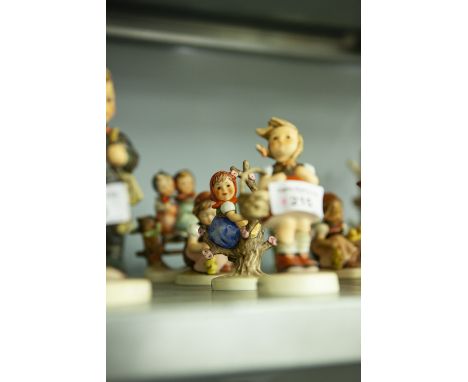 FOUR GOEBEL/ HUMMEL POTTERY FIGURES, 'COQUETTES', (179), 'APPLE TREE GIRL', (141 3/0),'CHICK GIRL', (57/0), 'LITTLE SHOPPER',