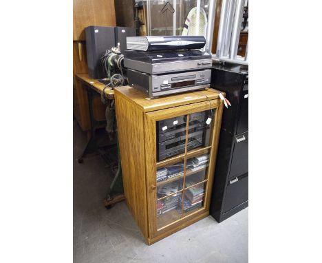 A SMALL DISPLAY CABINET WITH JVC TURNTABLE, CD PLAYER, STEREO AMPLIFIER, SPEAKERS AND VARIOUS CD's IN FAUX SPEAKER STAND  