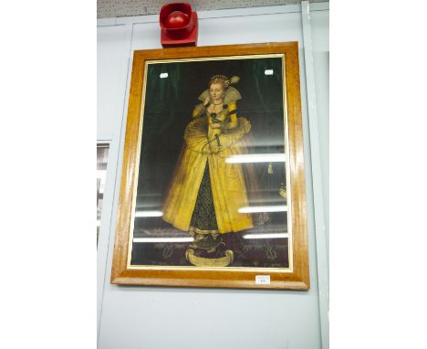 A REPRODUCTION REVERSE PAINTING/PRINT ON GLASS  NINETEENTH CENTURY  BALLOONING SCENE AND  SIMILAR DEPICTING QUEEN ELIZABETH I