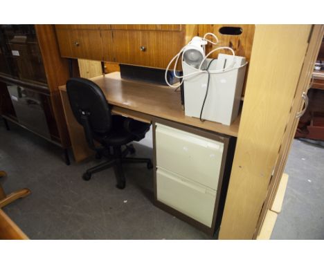 A MODERN DESK, WITH SLIDE OUT SHELF, DESK CHAIR, TWO DRAWING FILING CABINET, SHREDDER AND  A DESK LAMP 