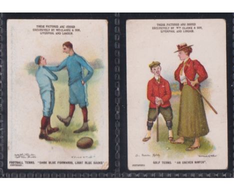 Cigarette cards, Clarke's, Sporting Terms, 2 cards, Football Terms 'Dark Blue Forwards, Light Blue Backs' & Golf Terms 'An Un