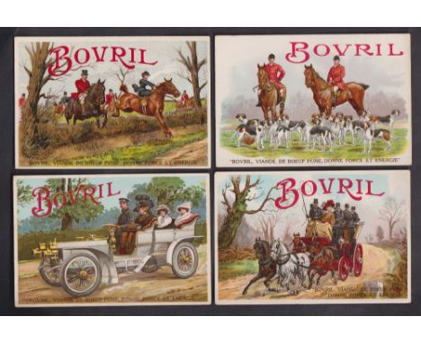 Trade cards, Bovril, 8 French language advertising cards, Stage Coach, Motor Cards, Hunting (2 different cards), Fishing, Foo