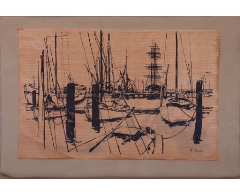 Reinhold Liebe (norddeutscher Künstler)Bootsanleger in Travemünde, Tuschezeichnung auf gemasertem Papier, u.r. sign. "R. Lieb