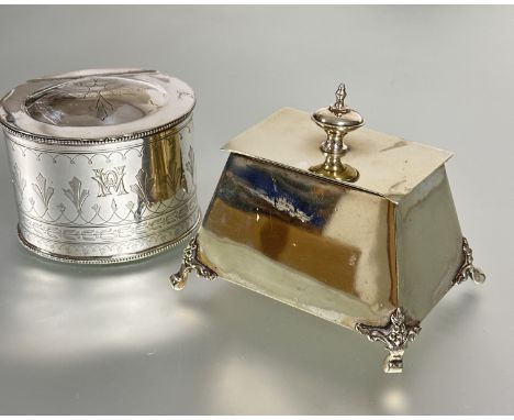 A Edwardian Elkington &amp; Co oval tea caddy the hinged top with leaf design and beaded border engraved with initials R W H&