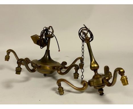 A Vintage cast gilt metal five branch chandelier, with braided flex, chain and rose, (W50cm) together with a similar chandeli