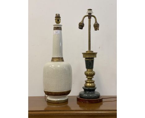 A Vintage cast brass and marble twin branch lamp base, (H51cm) together with a white crackle glazed ceramic lamp base with Gr