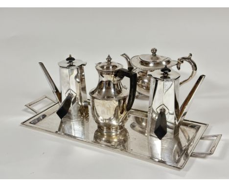 A Art Deco Epns stylish three piece coffee and chocolate service comprising rectangular square two handled tray L x 54.5cm W 