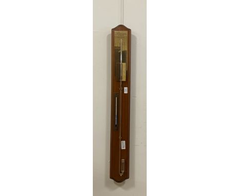 A late 20th century mercury stick barometer and thermometer with gilt registers all on a moulded teak mount. (a/f) H100cm.&nb