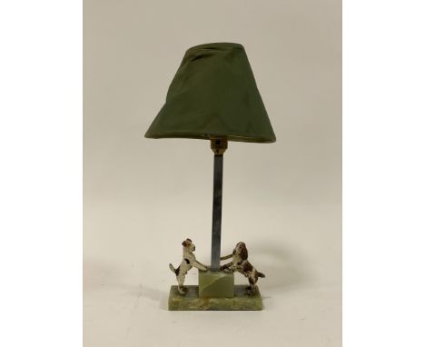 A 1930s Art Decco lamp base, with square chrome Colum on stepped onyx base mounted with a terrier and spaniel painted metal f