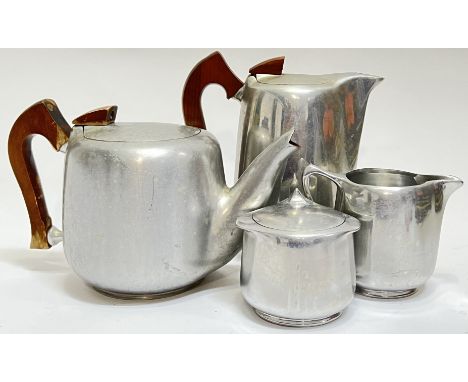 A Newmaid (early Picquot Ware) aluminium and sycamore part tea and coffee set comprising a teapot, coffee pot (h- 20.5cm, w- 