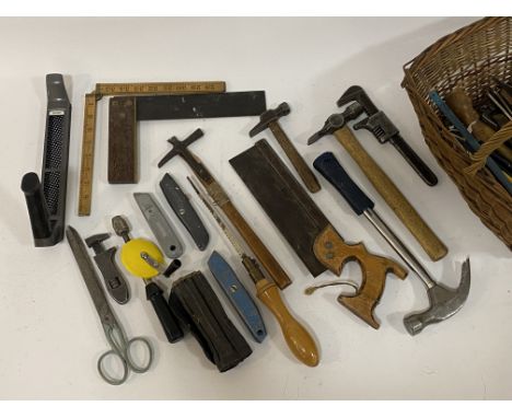 Vintage tools, a collection of vintage hand tools to include; a rasp, hammers, tenon saw, adjustable spanner, set squares etc