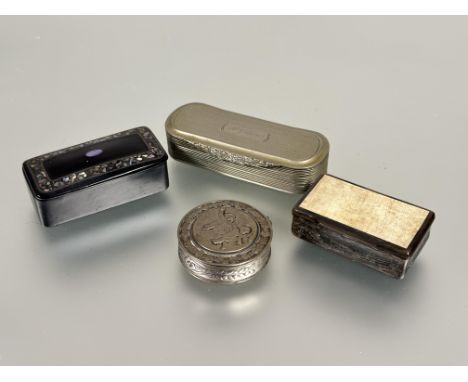 A collection of three snuff boxes to include and white metal rectangular box with engine turned decoration and engraved name 
