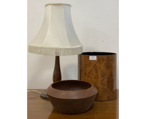 A mid century turned teak fruit bowl (D26cm) together with a vintage simulated burr walnut waste paper bin of cylindrical for