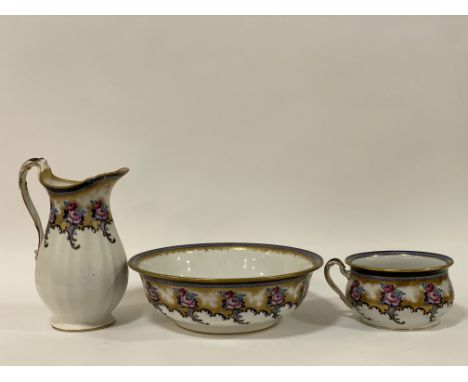 A Victorian Losol Ware three piece ceramic wash set, comprising a ewer, basin, and commode (a/f)&nbsp;