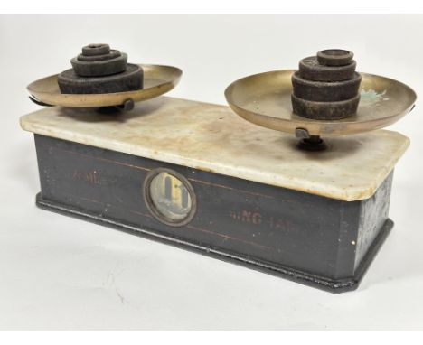 A set 19thc Day &amp; Millward of Birmingham kitchen scales with treen painted base with inset circular glass level and white