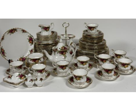 A Large Royal Albert Old Country Roses dinner/tea service comprising, a two-tier cake stand (h-25.5cm), a teapot (21cm), six 