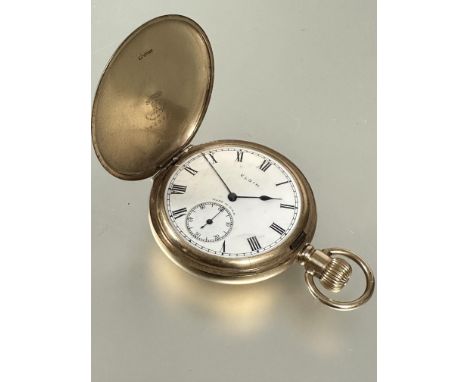 A 9ct gold cased&nbsp; Elgin American full hunter presentation pocket watch with white enamel dial and roman numerals and sub