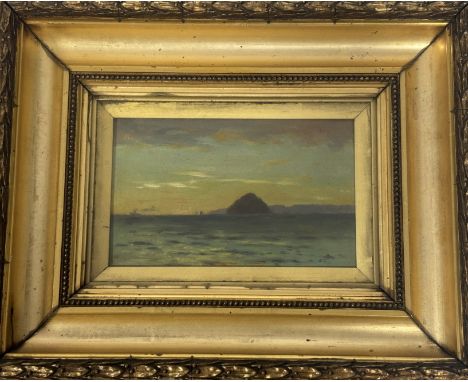 Unknown Artist, Sunset seascape view with island to background, oil on board, unsigned, in a gilt glazed frame. (12cmx19cm)