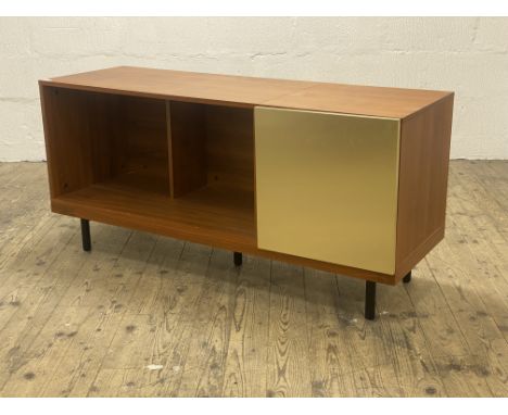 Habitat, a contemporary sideboard / media stand, the brass panelled door opening to a shelf, and flanked by an open shelf, ra