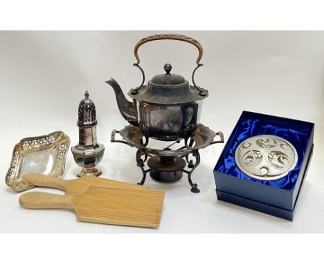 A mixed lot comprising an EPNS kettle and stand with burner (total height- 28cm), a pair of wooden butter pats, a silver plat