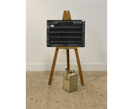 A Vintage blackboard standing on a folding beech 'A' frame easel, together with a 1950's Valor Esso blue parafin / petrol can