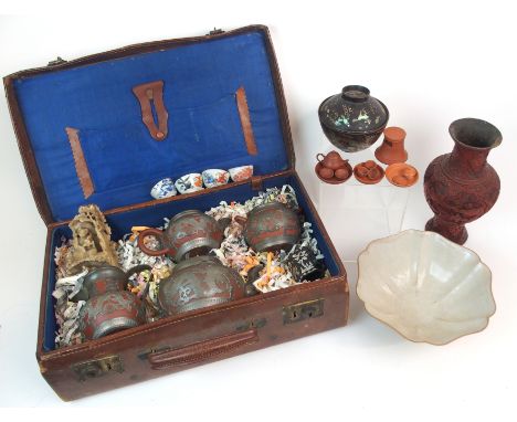 A CHINESE YIXING FOUR PIECE TEA SERVICE terracotta and pewter mounted (some damage) in leather travel case, cinnabar lacquer 