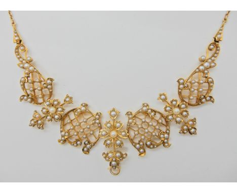 A 15CT GOLD VICTORIAN PEARL SET NECKLACE length 44cm, weight 20.5gms (With insurance document priced at £1,895.00 in 2012) Co