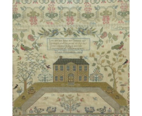 AN EARLY VICTORIAN NEEDLEWORK SAMPLER Ann Buchanan, 1839 decorated with exotic birds, flowers and foliage, framed and glazed,