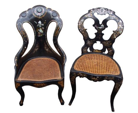 TWO VICTORIAN BLACK LACQUERED PAPIER MACHE CHAIRS with mother of pearl decoration above cane seats, 82cm x 84cm high (2) Gilb