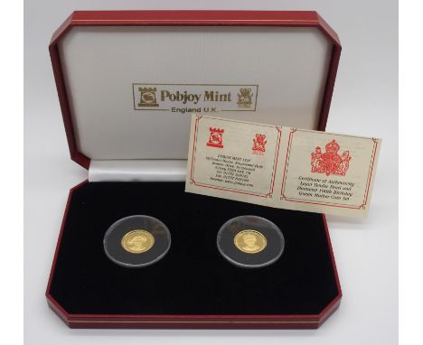 A POBJOY MINT QUEEN MOTHER GIBRALTAR TWO COIN SET one 22ct gold coin set with a pearl, the other with a diamond, each 6.22gms