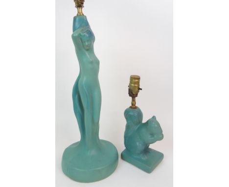 A VAN BRIGGLE AMERICAN STUDIO POTTERY TABLE LAMP modelled as a standing female form in turquoise glaze, incised marks to base