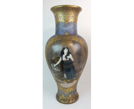 A LARGE FRENCH CERAMIC VASE decorated with a maiden with foiled enamel decoration and applied silver and gold tubeline detail