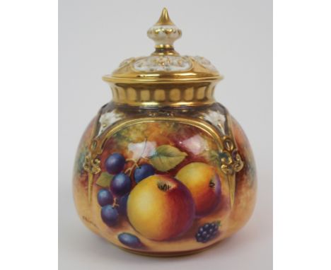 A ROYAL WORCESTER POT POURRI POT AND COVER painted with apples, peaches, grapes and blackberries, signed Shinnie, with printe