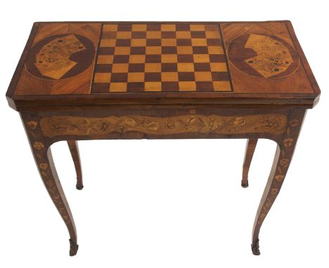 A DUTCH MARQUETRY GAMES TABLE with chequer board to top flanked by roundels of playing cards, the fold-over top revealing a g