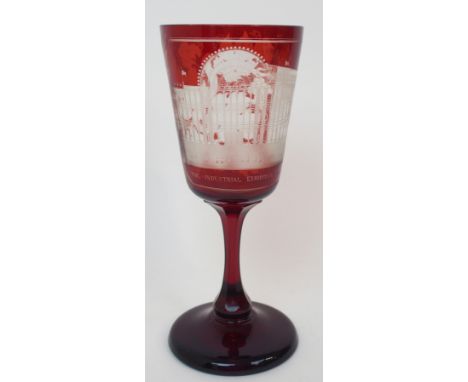 A BOHEMIAN RUBY OVERLAID GLASS engraved with The Industrial Exhibition for 1851 and with a view of The Crystal Palace, 23cm h
