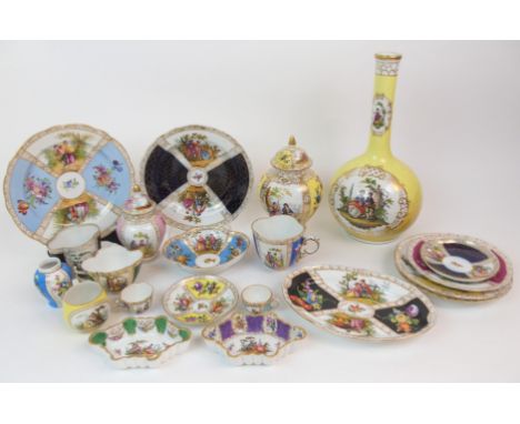 A COLLECTION OF DRESDEN STYLE PORCELAIN ITEMS mainly decorated with couples and sprays of flowers including plates, dishes, c