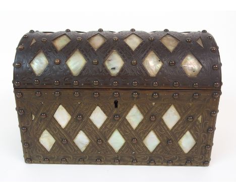 A VICTORIAN GILT-METAL AND MOTHER OF PEARL INLAID STATIONERY BOX with hinged domed cover, lattice and stud work decoration, w