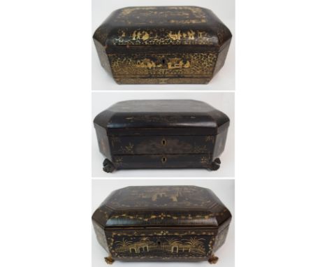 A CHINESE EXPORT BLACK AND GILT LACQUERED OCTAGONAL TEA CADDY containing a pair of lead canisters, 30cm wide, sewing box, 27c