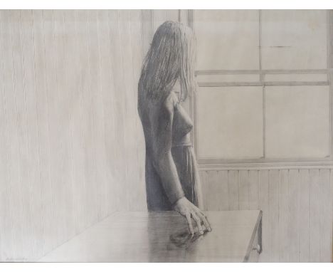 •GORDON K MITCHELL RSA, RSW, RGI (SCOTTISH B. 1952) THE WAITING Conte crayon and pencil, signed and dated (19)75, 54 x 70cm (