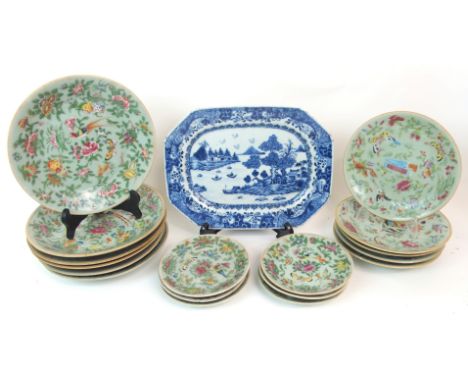 A CHINESE EXPORT BLUE AND WHITE OCTAGONAL ASHET painted with buildings on islands (minor rim chips), 29cm wide and six Canton