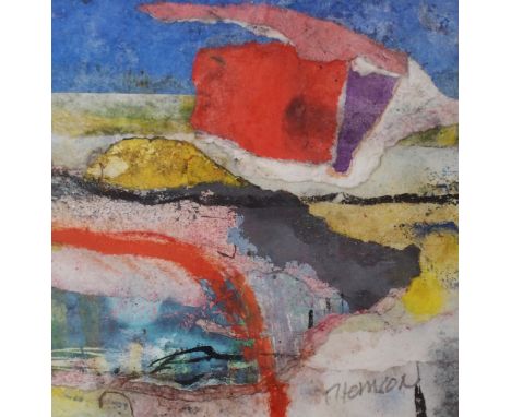•DOUGLAS THOMSON (SCOTTISH B. 1955) SUNDOWN mixed media and collage, signed, 12.5 x 12.5cm (5 x 5") Compass Gallery label ver