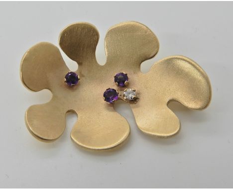 A 9CT YELLOW GOLD AMETHYST AND DIAMOND BROOCH makers mark Inborg Bratman London 1973, 3.5cm x 2.7cm, weight 9.3gms Condition 