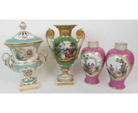 A PAIR OF CONTINENTAL PORCELAIN VASES the pink scale ground with painted oval panels of courting couples, 23cm high together 