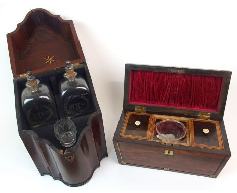 A 19TH CENTURY MAHOGANY BRASS INLAID TEA CADDY with hinged lid, two division interior with later glass mixing bowl, 33 x 19cm